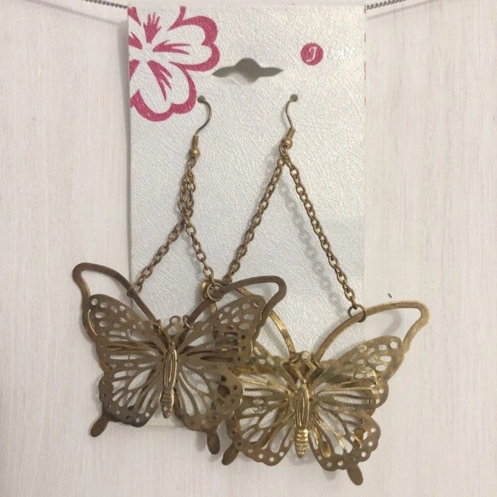 J Love 3D Butterfly Pierced Dangle Earrings Gold Tone NOC